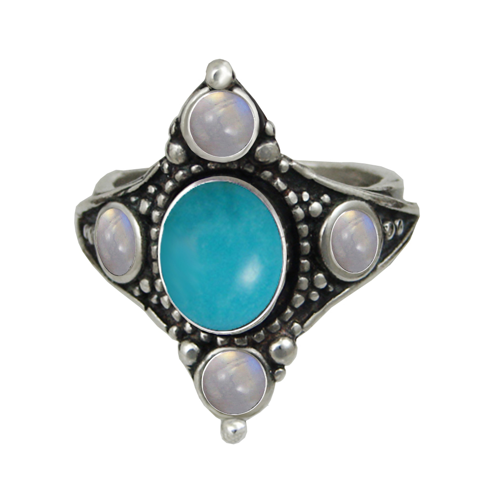 Sterling Silver Renaissance Queen's Ring With Turquoise And Rainbow Moonstone Size 9